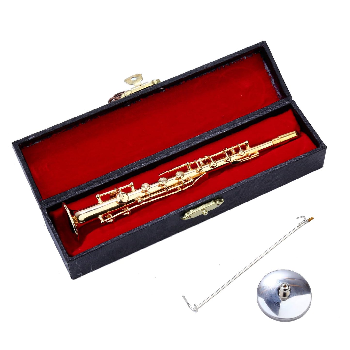 Miniature Soprano Saxophone with Stand and Case Brass Mini Musical Instrument Soprano Saxophone Replica Collectible Figurines Model Birthday Gifts Home Decoration Display Ornament (6.11")