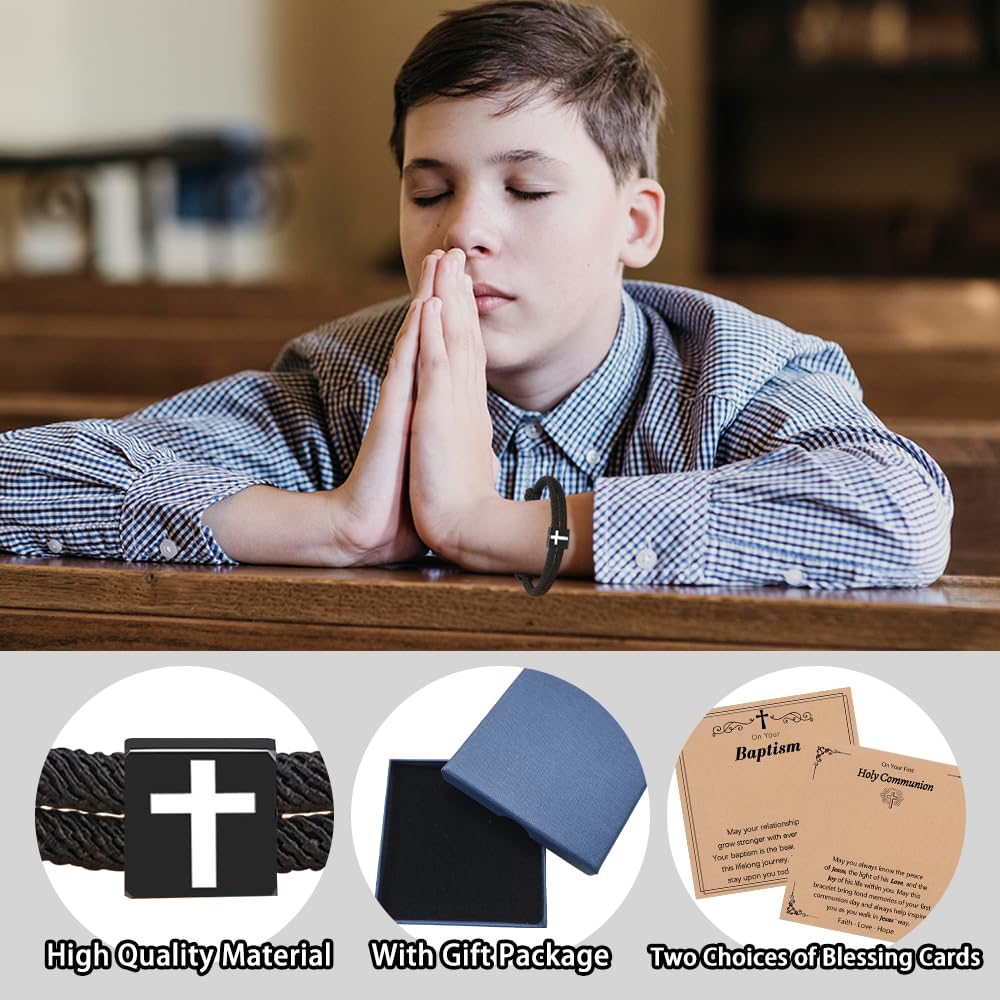 Baptism Gifts for Boys,Braided Rope Cross Bracelet for Kids,First Communion Gifts Boys Christian Christening Graduation Easter Basket Stuffers