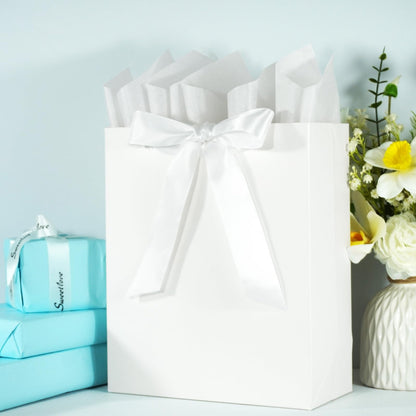 Elegant White Gift Bag 10.2"x4.7"x12.2" with Ribbons Handles, Includes Card and Tissue Papers for Weddings, Birthdays, Baby Shower, Parties, Holidays