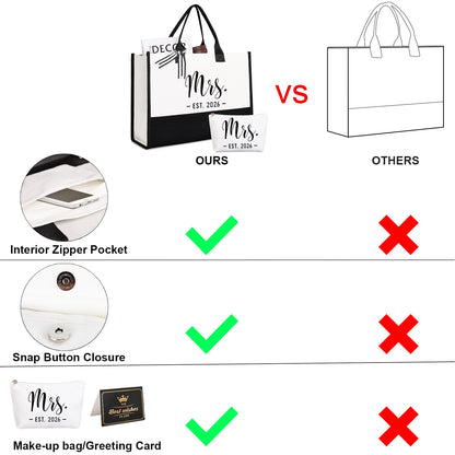 Lamyba Bride Tote Bag,Bridal Shower/Bachelorette Party/Wedding Day Gifts for Bride To Be,Mrs Bag EST 2026,Interior Pocket,Black and White