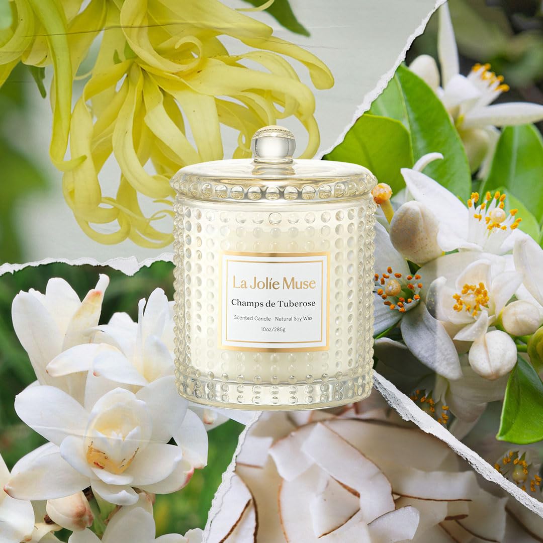 LA JOLIE MUSE Champs de Tuberose Scented Candle - Ylang, Tuberose, Orange Blossom | 10 oz Natural Soy Wax | 55 Hours Clean Burn | Floral Scented Candle | Gift-Ready for Hosts & Gatherings