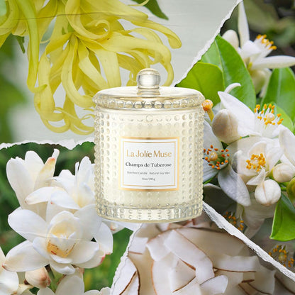 LA JOLIE MUSE Champs de Tuberose Scented Candle - Ylang, Tuberose, Orange Blossom | 10 oz Natural Soy Wax | 55 Hours Clean Burn | Floral Scented Candle | Gift-Ready for Hosts & Gatherings