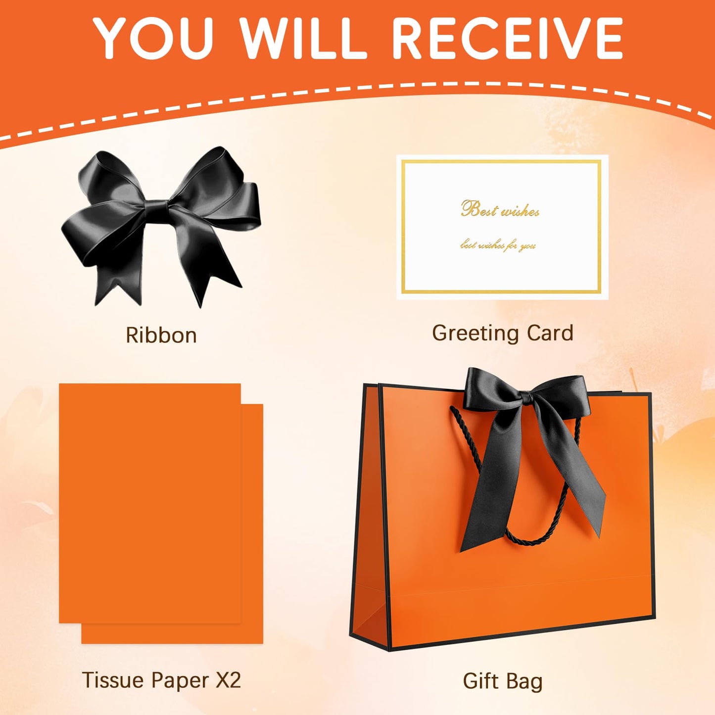 JMANNI Gift Bags with Handles, 13” Medium Gift Bag for Presents, 1 Pcs Bags with 2 Tissue Paper and 1 Cards for Graduation Baby Shower Wedding Fathers Day Mother's Day Birthday Party (Orange-Black