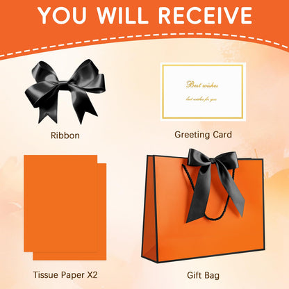 JMANNI Gift Bags with Handles, 13” Medium Gift Bag for Presents, 1 Pcs Bags with 2 Tissue Paper and 1 Cards for Graduation Baby Shower Wedding Fathers Day Mother's Day Birthday Party (Orange-Black