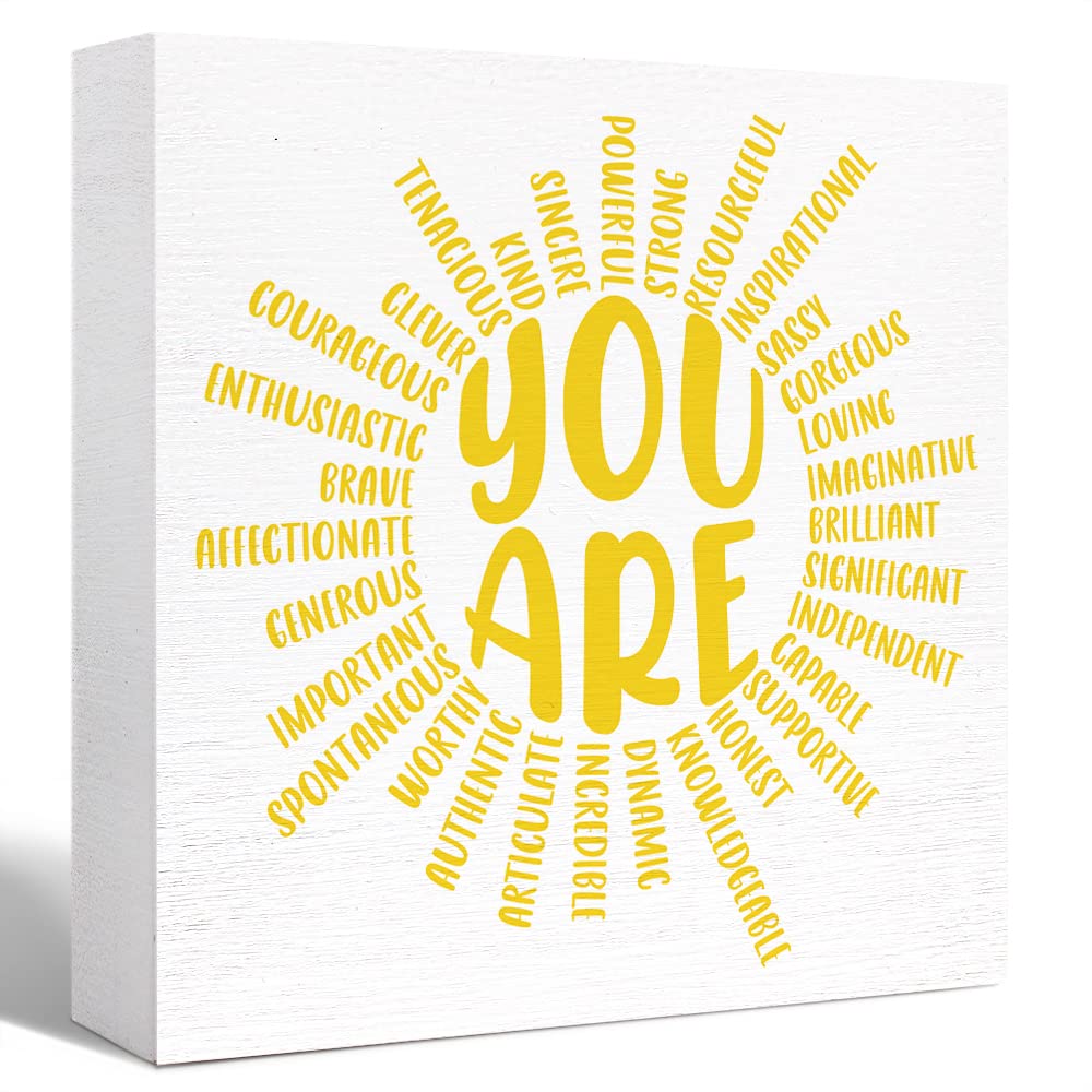 Yellow Sunshine Wood Box Sign You Are Sun Decor Wooden Block Signs Motivational Sign Inspirational Desk Décor for Home Office Bedroom Classroom Table Décor