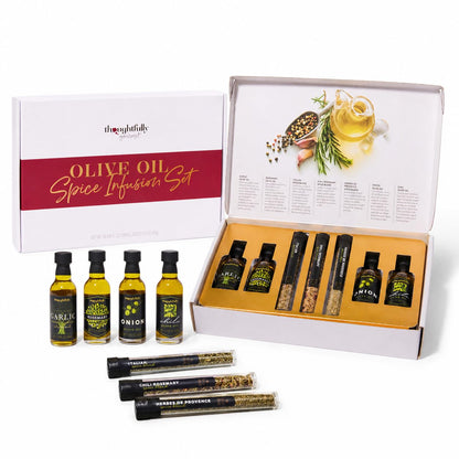 Thoughtfully Gourmet, Olive Oil Spice Infusion Gift Set, Premium Cold Pressed Extra-Virgin Olive Oil from Spain, Includes 4 Flavored Olive Oils and 3 Flavorful Spice Infusion Blends, Set of 7