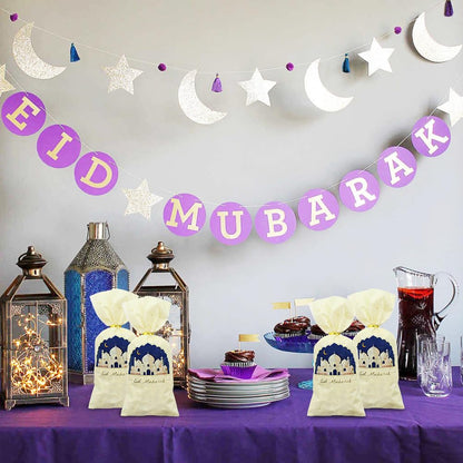 Eid Cellophane Treat Bags 50 PCS,Ramadan Mubarak Plastic Candy Bags with Twist Ties,Eid Moon Castle Gift Bags Party Favor Bags For Islamic Muslim Eid Mubarak Party