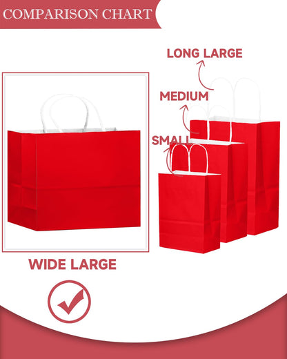 qiqee 100PCS Large Gift Bag with Handles Bulk 13"x4.5"x10" Gift Bags Red Multiple Uses (32x11x25cm,Wide Large)