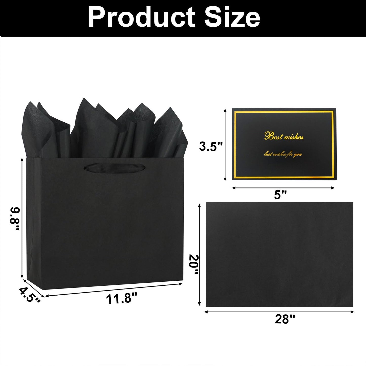 Elegant Black Gift Bag 11.8"x4.5"x9.8" with Ribbon Handles, Includes Card and Tissue Papers, Perfect for Birthdays, Weddings, Parties, Holidays, Baby Shower