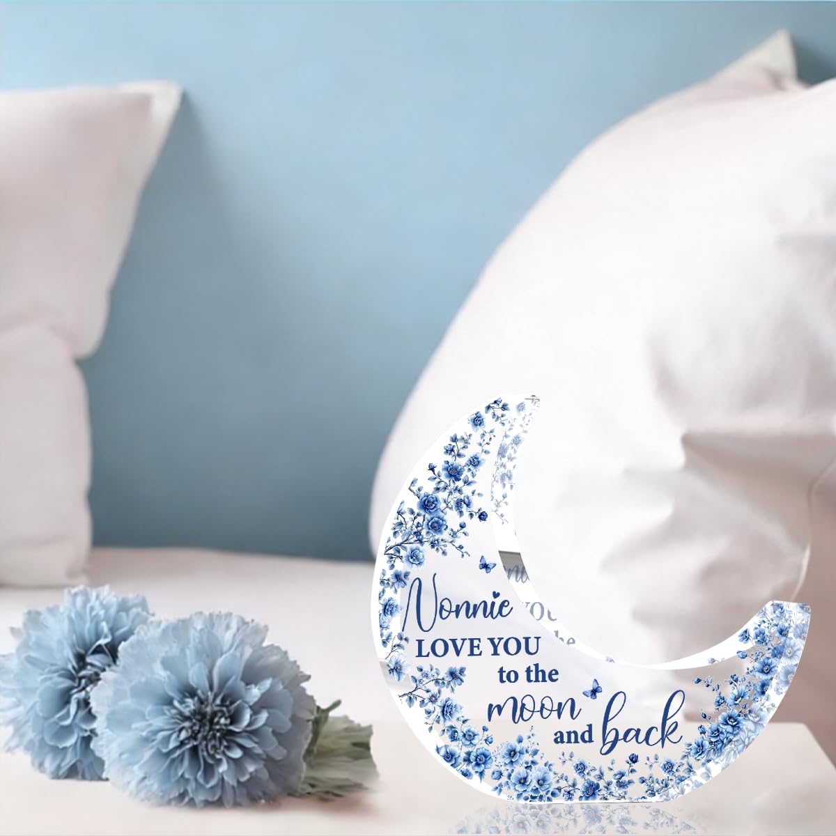 Nonnie Gifts, Mothers Day Birthday Gifts for Grandma, Moon Acrylic Desk Decorations, Retirement Appreciation Gift for Women Granny Nana, Blue Floral Acrylic Plaque for Office Bedroom Decor
