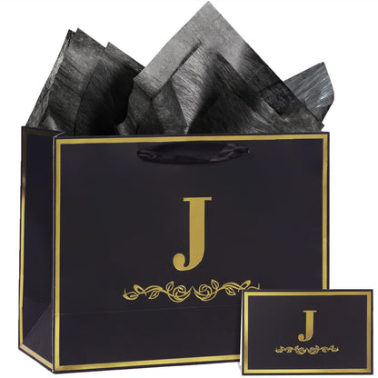momoake Alphabet Birthday Gift Bag with Card and Tissue Paper for Men Women, 13" Large Black Gold Personalized Bridal Party Gift Paper Bag for Gifts Wrapping - (Letter J)