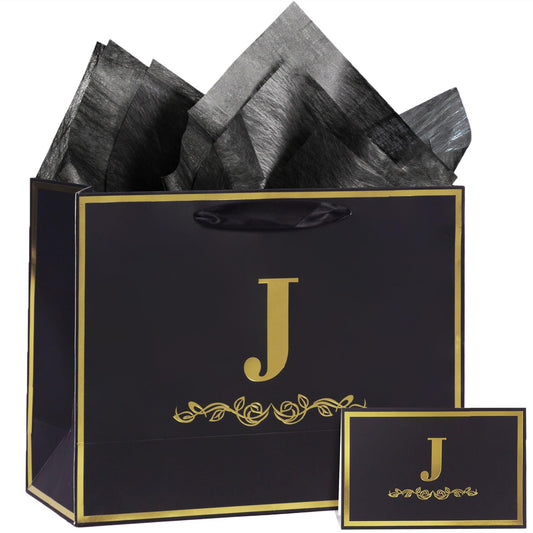 momoake Alphabet Birthday Gift Bag with Card and Tissue Paper for Men Women, 13" Large Black Gold Personalized Bridal Party Gift Paper Bag for Gifts Wrapping - (Letter J)