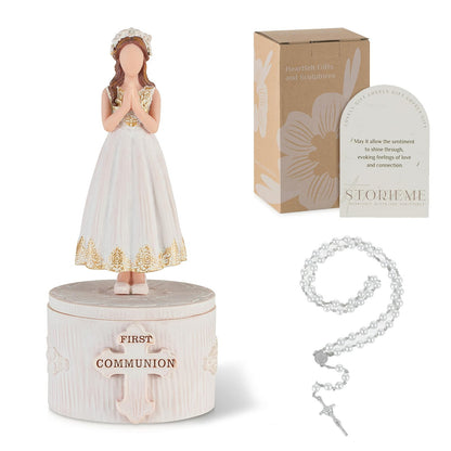 Storieme First Communion Gifts for Girls: 1st Holy Communion Decorations Keepsake Box with Rosary Cross Bracelet - Christian Religious Catholic Present for Baptism Confirmation
