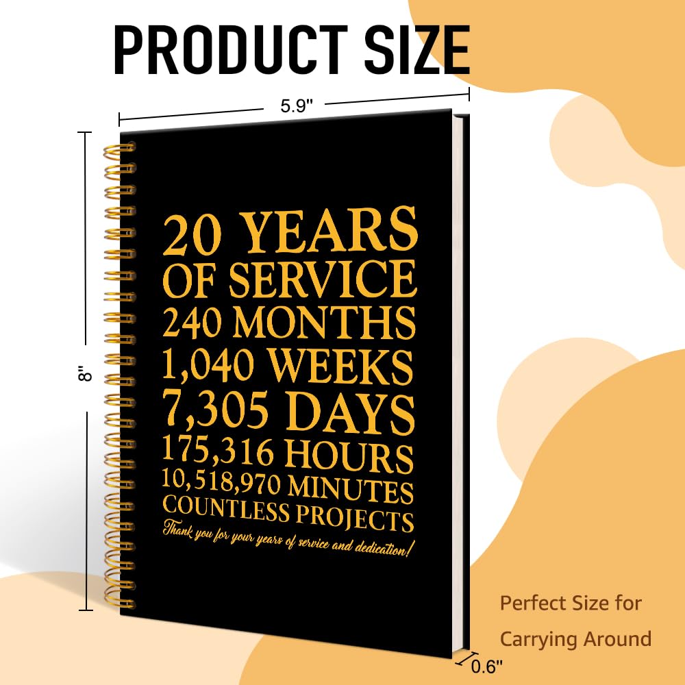 20 Years of Service Black Golden Thank You Spiral Notebook,20th Anniversary Work Commemoration, Staff Service Recognition Gifts,Thank You 20 Years Work Gifts for Coworkers