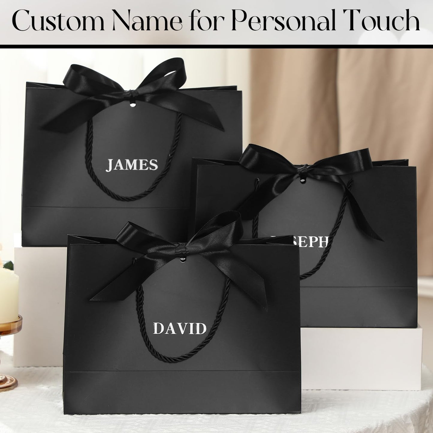 Fullhawl 6 Pack Custom Gift Bags Bulk Personalized Black Groomsmen Gift Bags with Name Logo Stickers Handle Bow Ribbon 5 Senses Welcome Return Gifts for Wedding Proposal Bachelor Birthday Party