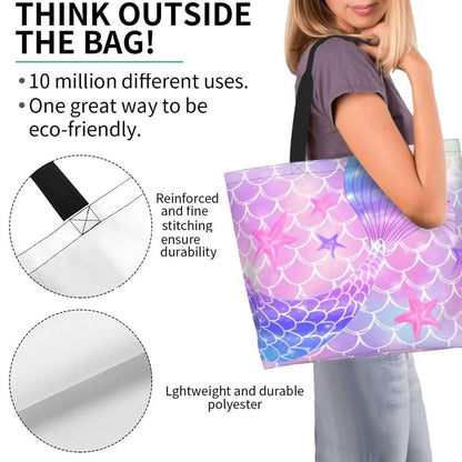Pink Mermaid Gym Tote Bags for Women,Cute Ocean Mermaid Purse Print Shoulder Reusable Shopping Handbags Casual Travel Work Daily Waterproof Summer Grocery Bag Holiday Gifts -Large