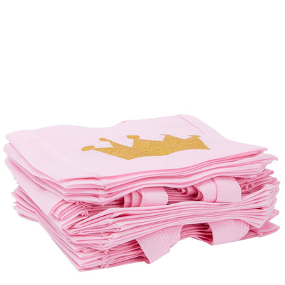 BLUE PANDA 24-Pack Princess Party Favor Bags - 6.5 x 7 x 2 in Pink Canvas Pouches - Reusable & Non-Woven Crown Treat Pouches - Bags for Princess Birthday Party Decorations