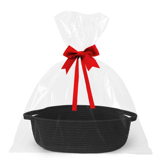 Small Baskets for Gifts Empty, 13"x 9"x 5" Woven Gift Basket with Bag and Ribbon, Cotton Rope Kids Dog Cat Toy Bin Box, Cute Baby Nursery Organizer, Decorative Storage with Handles (Black)