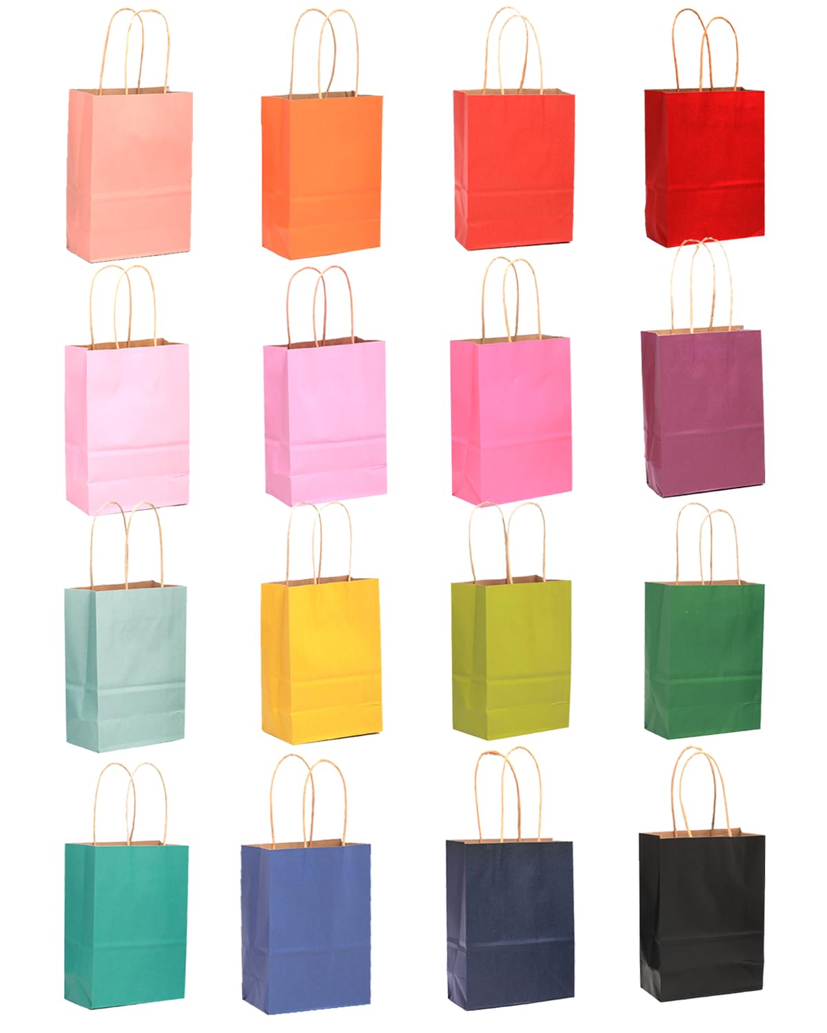 qiqee 100Pcs Mini Size Paper Gift Bags with Handles - 4.5"×2.5"×6" Kraft Small Party Bags - 16 Solid Colors