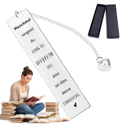 Inspirational German Bookmark with Heart Charm - You are Awesome Reminder - Stainless Steel Gifts for Women, Best Friend, German Speaker, Graduation - Includes Gift Box
