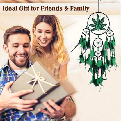 Green Leaf Weed Dream Catcher Wall Hanging Decor Bedroom Adult Living Room Home Bohemian Decorations (5 Rings)