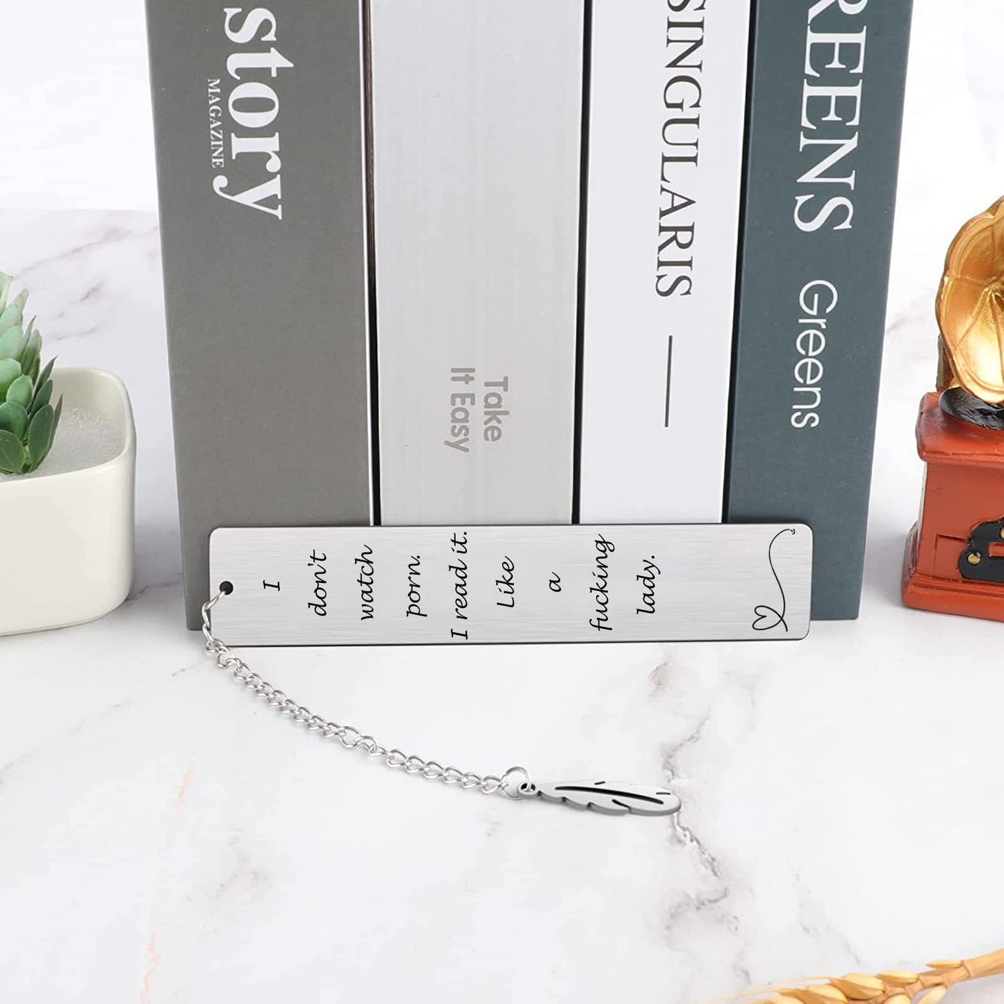 Teniinet Metal Bookmark Gift, 'I Don't Watch Porn. I Read it Like a Fking Lady' Stainless Steel Leaf Pendant Book Mark with Box for Women, Men, Friends, Teacher, Classmate, Book Lovers