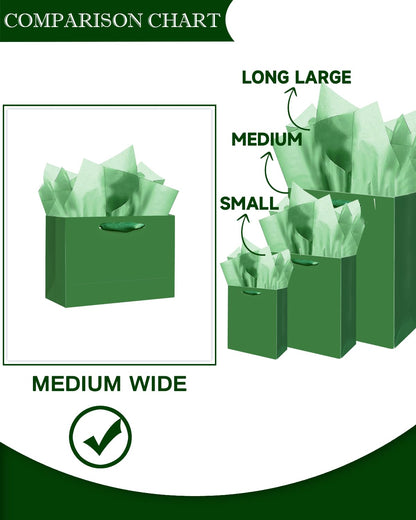 qiqee 5PCS Emerald Green Gift Bags with Ribbon Handles 9.6"x7.9"x4.3" Medium Size Gift Bags (Tissue Paper included, Medium Wide)