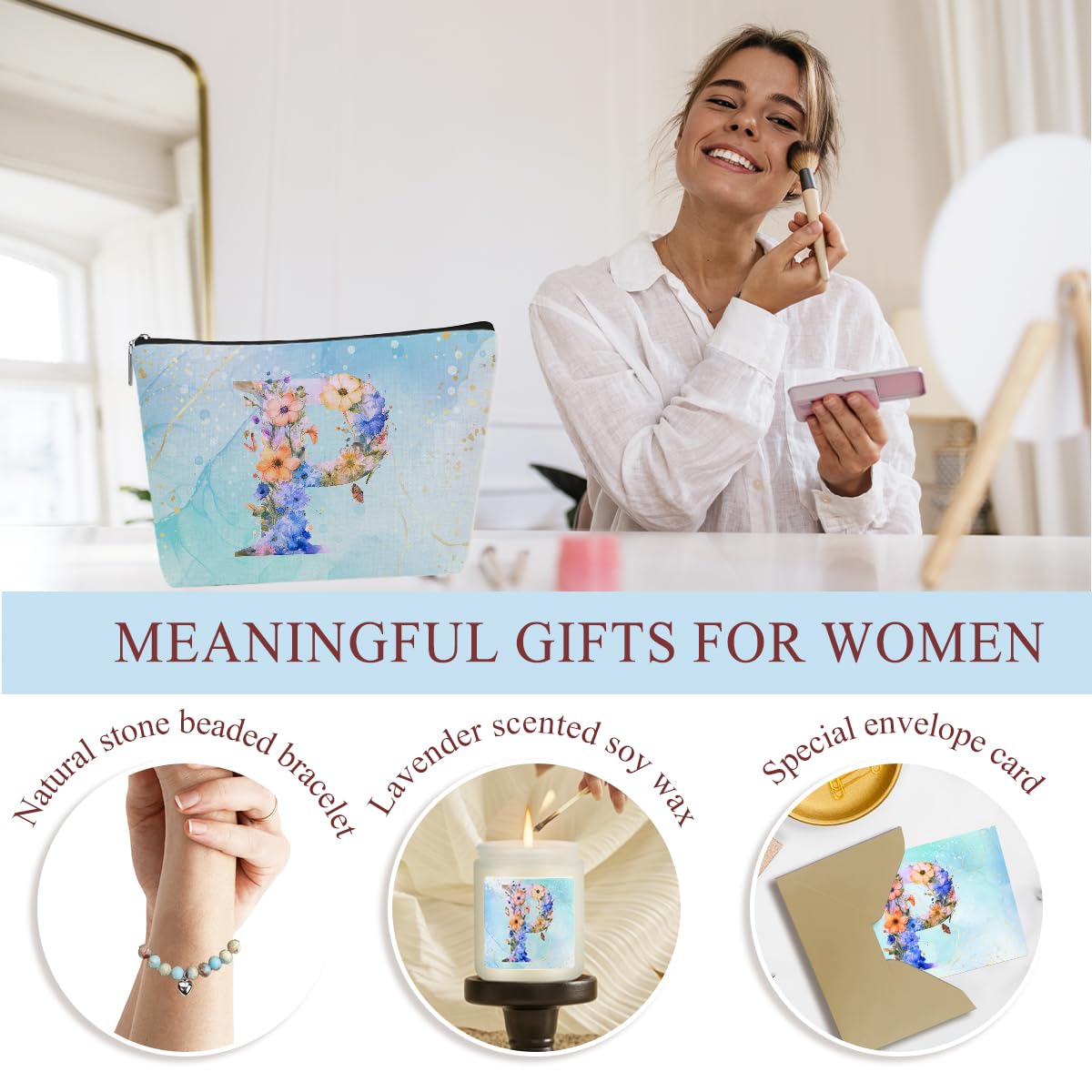 Personalized Gifts for Women Monogrammed Birthday Gifts for Women, Wife Girlfriend Wedding Christmas, Initial Wine Tumbler Makeup Bag Scented Candle Bracelet Set, (Aesthetic Blue Flower P)