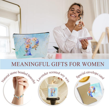 Personalized Gifts for Women Monogrammed Birthday Gifts for Women, Wife Girlfriend Wedding Christmas, Initial Wine Tumbler Makeup Bag Scented Candle Bracelet Set, (Aesthetic Blue Flower P)