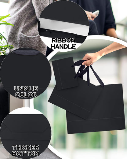 qiqee 10PCS Black Gift Bags with Ribbon Handles Mulit Assorted Sizes Gift Wide Bags (2pcs Large 13", 4pcs Medium 9.6", 4pcs Small 6.3",Tissue Paper)