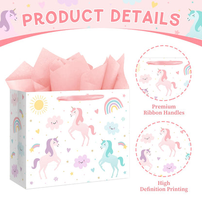 Reyoust 13" Large Magical Pastel Unicorn Happy Birthday Gift Bag with Card and Tissue Paper Rainbow Unicorn Birthday Party Decorations for Girls Kids 13" L x 10.2" H x 4.9" W