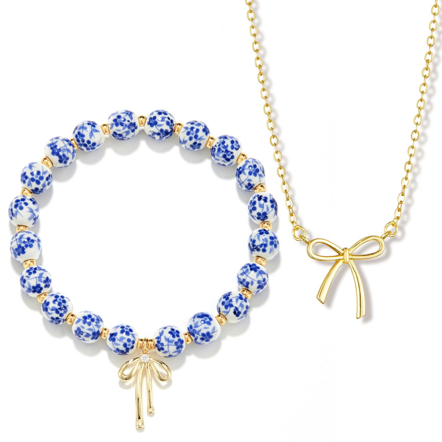 Bow Bracelet Necklace Set 14K Gold Beaded Bracelet Dainty Bow Pendant Choker Jewelry Gift Set