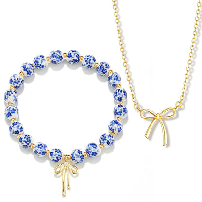 Bow Bracelet Necklace Set 14K Gold Beaded Bracelet Dainty Bow Pendant Choker Jewelry Gift Set