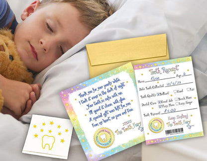 Tooth Fairy Kit for Boys and Girls, Magical Keepsake Gift with Tooth Pouch, 10 Unique Tooth Fairy Cards, 10 Tooth Fairy Receipts, 10 Golden Envelopes, First ToothFairy Visit