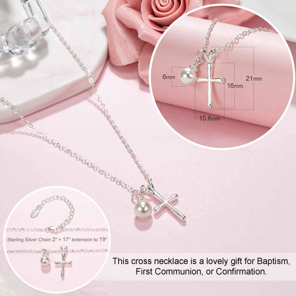Sterling Silver Cross Necklace for Girls - First Communion, Baptism, Confirmation Gifts for Teenage Girl, Little Girls Jewelry with Pearl, Easter Gifts for Godchild