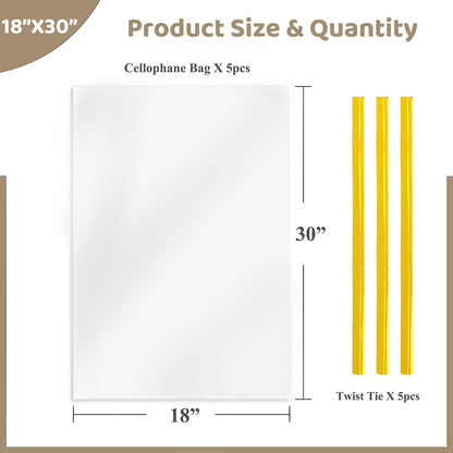 WIKDAY Cellophane Wrap for Gift Baskets 5 PCS 18x30 Inches Large Clear Cello Gift Bags with Ties Plastic for Gift Giving, Packaging Products