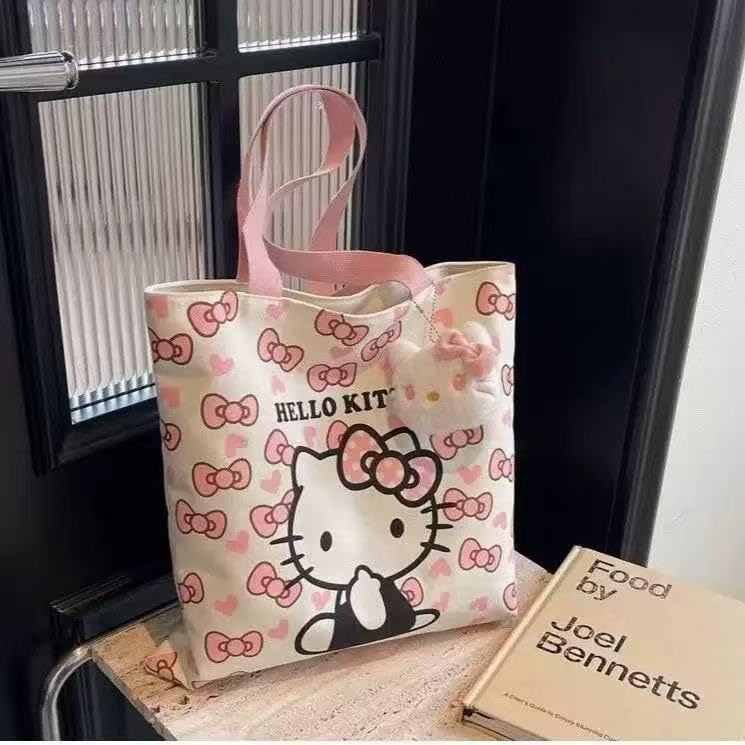 Cute Cartoon Kitty Tote Bag – Pink and White Kawaii Style Reusable Shoulder Bag – Adorable Lightweight Canvas Tote for Women