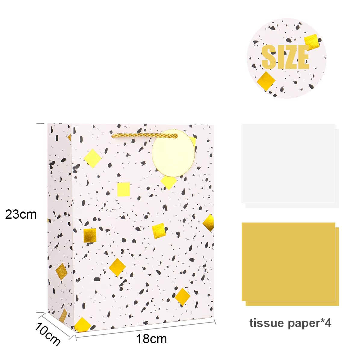 ZJHiome Medium Gift Bags, 4 Pack 9'' Gold Paper Bag with Tissue Paper Metallic Gift Bag for Graduation Birthday Anniversary Wedding Baby Shower(Gold)