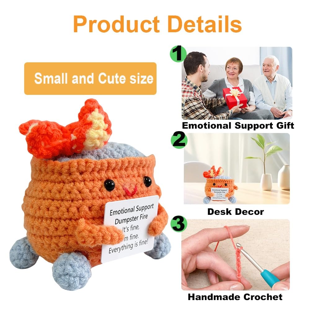 RovyFota Emotional Support Crochet Dumpster Fire with Positive Card Cute Room Decor Knitted Toys Funny Crochet Support Buddies Gifts for Friends (Orange)