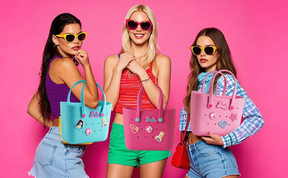 MINISO Barbie Tote Bag, Reusable Small Rubber Waterproof Bag, Cute Design Practical And Portable Handbag for Work Travel (ROSE)