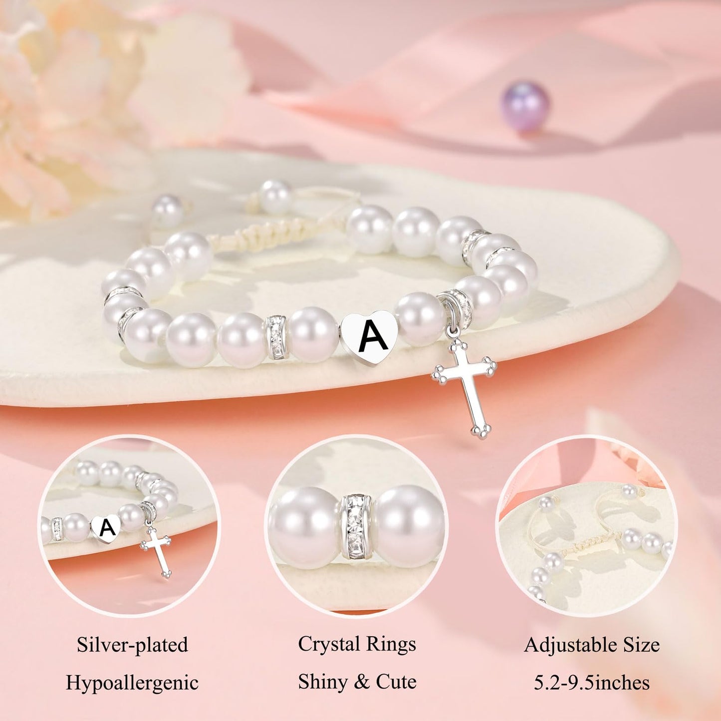 UNGENT THEM Initial Heart Cross Charm Bracelet for Girls, Baptism First Communion Easter Confirmation Gifts for Girls Teens
