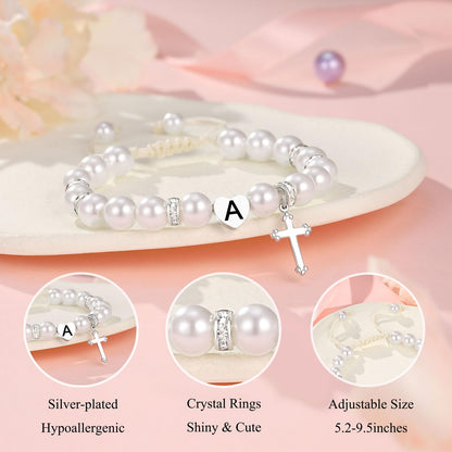 UNGENT THEM Initial Heart Cross Charm Bracelet for Girls, Baptism First Communion Easter Confirmation Gifts for Girls Teens