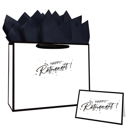 MUNILAIL 13 Inches Retirement Gift Bag Large White and Black Gift Bag with Handle Tissue Paper and Greeting Card for Women Men Retirement Going Away Farewell Party Large Paper Gift Bag