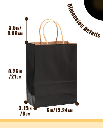 qiqee 50-Packs Black Paper Gift Bags with Handles Bulk 8.3"x3"x 6" Small Size Paper Bags Multiple Uses(Small Size)