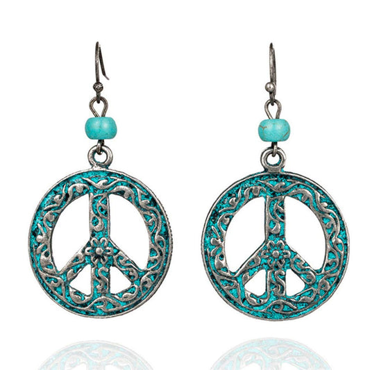 Peace Sign Symbol Hook Dangle Drop Earring Vintage Antique Silver Beads Turquoise Carved Flower Earrings for Women Jewelry Gift