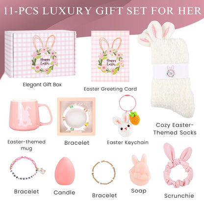 Teen Easter Basket Stuffers for Teen Girls & Women 11 pieces – Bunny Gift Set with Easter Tumbler, Coffee Mug & Bracelet, Cute Spring Gifts