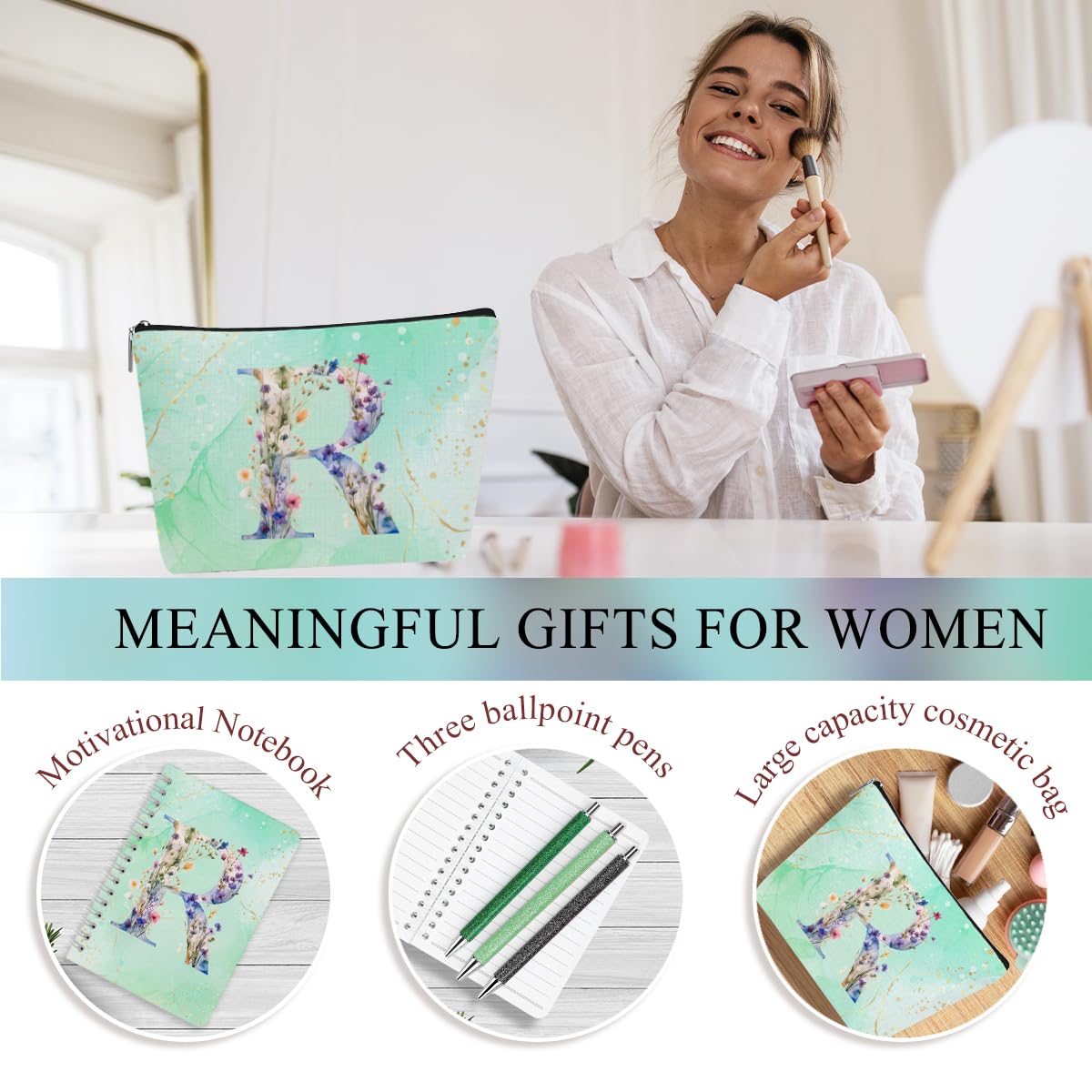 Personalized Gifts Monogrammed Birthday Gifts for Women, New Mom, Grandma Thank You Christmas, Initial 20 oz Tumbler, Makeup Cosmetic Bag Cup Pens Journal Notebook 6 Set, (Aesthetic Green Flower R)