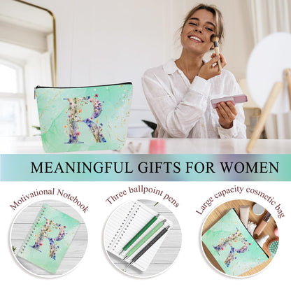 Personalized Gifts Monogrammed Birthday Gifts for Women, New Mom, Grandma Thank You Christmas, Initial 20 oz Tumbler, Makeup Cosmetic Bag Cup Pens Journal Notebook 6 Set, (Aesthetic Green Flower R)