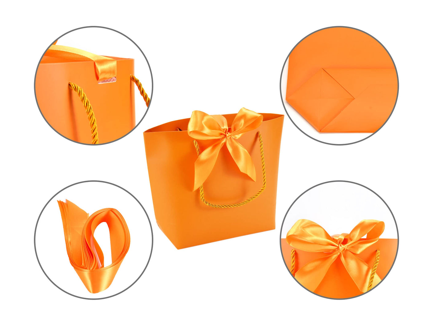 HUAPRINT Gift Bags with Handles,Party Favor Bags with Bow Ribbon,12Pcs Orange Paper Bags for Birthday Wedding Bridesmaid Present Celebration Holiday