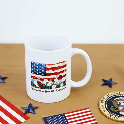 US Citizenship Gift Ideas, 2026 American Flag Flower Coffee Mug for New Citizen, Personalized Citizenship Cup Commemorative Gift for Men and Women, Ceramic